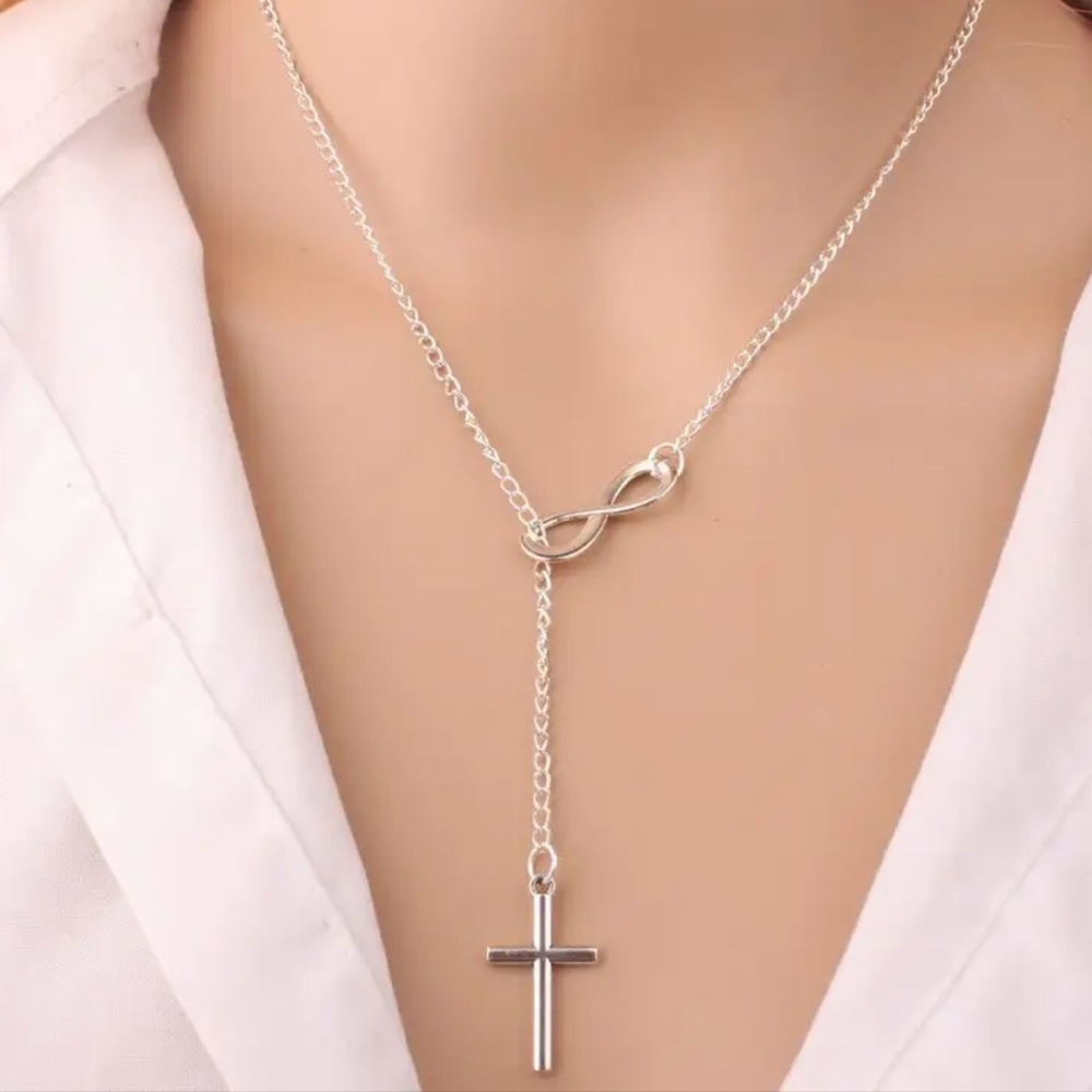 Silver Cross Infinity Lariat Necklace